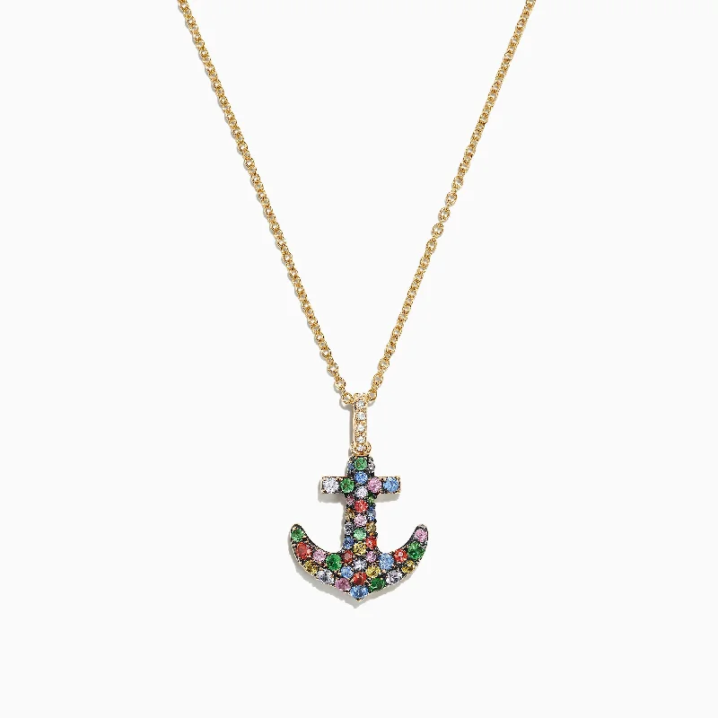 Shop Fine Jewelry With Exclusive Savings Watercolors 14K Gold Multi Sapphire Diamond Anchor Pendant, 0.76 TCW