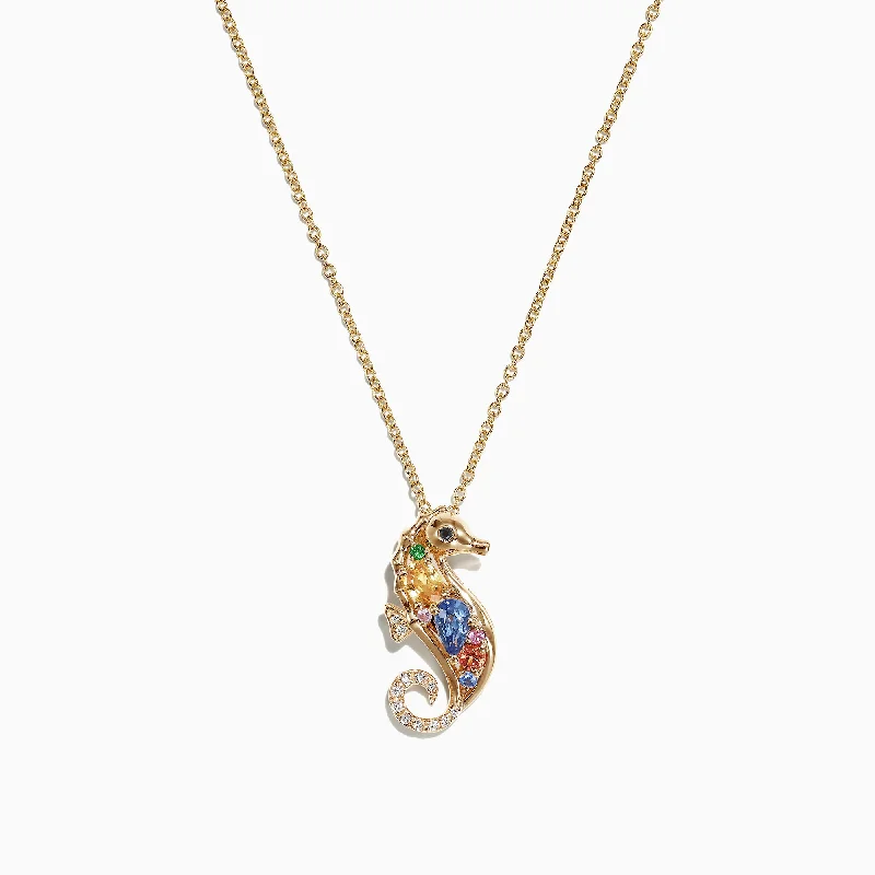 Exclusive Gemstone Jewelry At Special Prices Watercolors 14K Gold Multi Sapphire Diamond Seahorse Pendant, 0.71 TCW