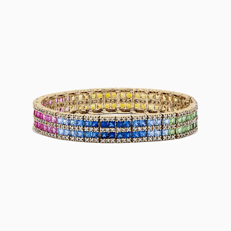 Classic And Modern Jewelry Styles On Sale Watercolors 14K Yellow Gold Multi Sapphire and Diamond Bracelet