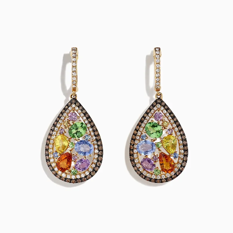 Handcrafted Beauty At Affordable Prices Watercolors 14K Yellow Gold Multi Sapphire & Diamond Earrings, 5.13 TCW