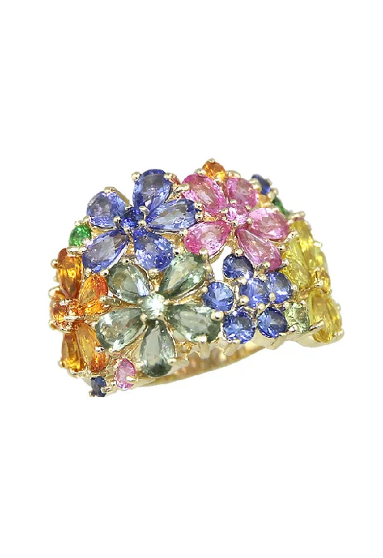 Elegant Necklaces And Bracelets At Limited-Time Offers Watercolors 14K Yellow Gold Multi Sapphire Floral Ring, 9.07 TCW