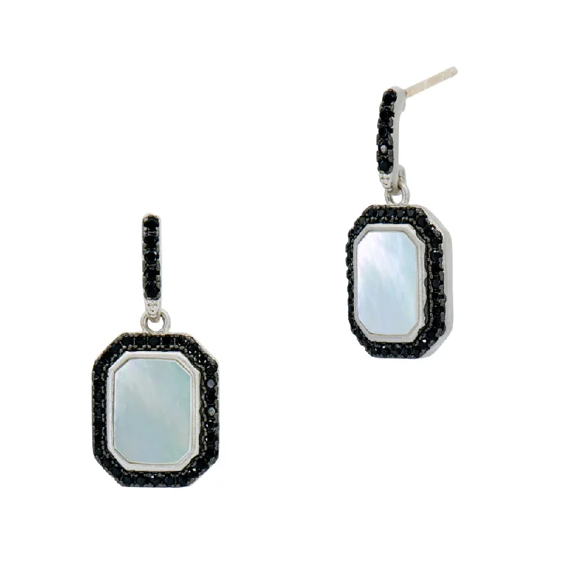 Freida Rothman Cobblestone Drop Earrings SS Rect MOP w/ Black Spinel Outline