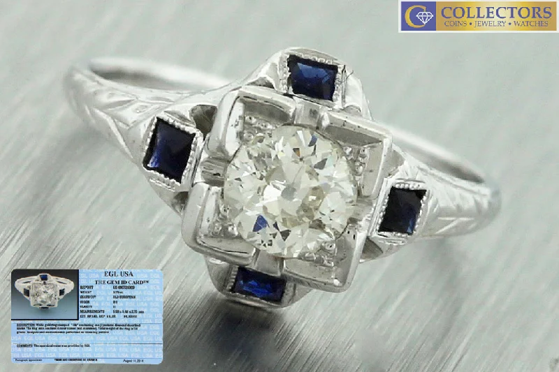 Don't Miss Out On Jaw-Dropping Jewelry Discounts Antique Art Deco 18K Gold 0.75ct Old European Diamond Sapphire Engagement Ring