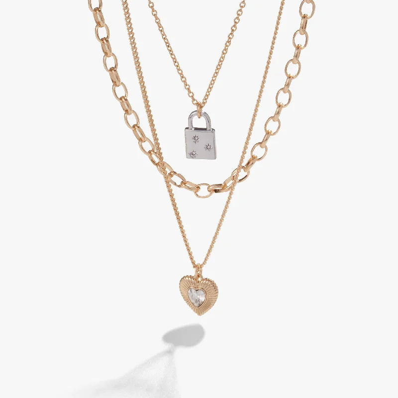 Bohemian-Inspired Jewelry For Free-Spirited Fashion Multi-Chain Heart + Lock Necklace