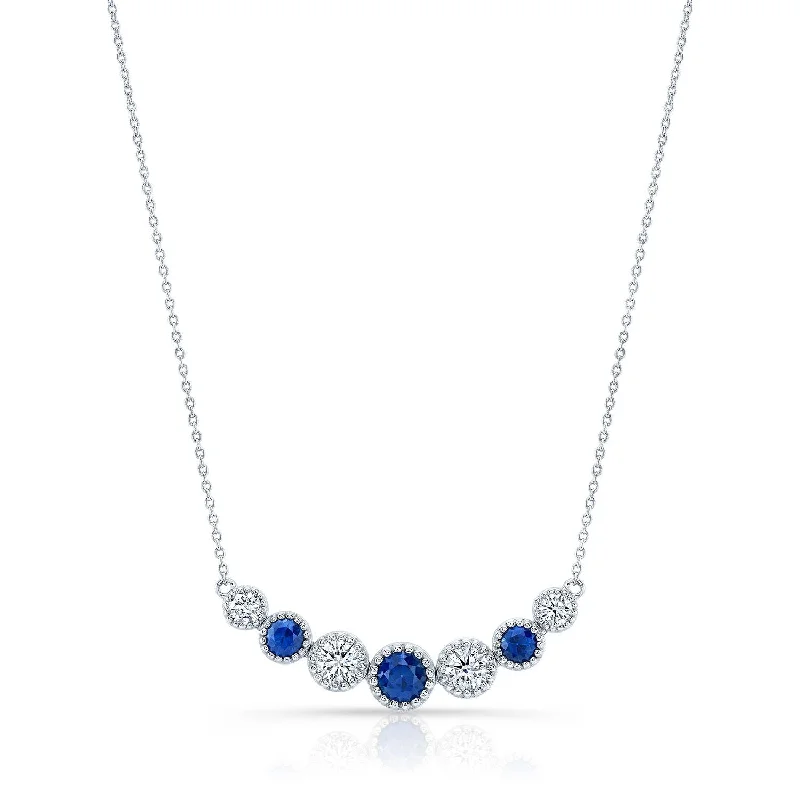 Sapphire And Diamond Graduated 7-stone Necklace With Millgrained Edging In 14k White Gold