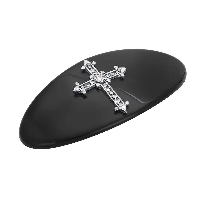 Exclusive Jewelry Sale – Grab Timeless Pieces Now Symbols of Faith Oval Jet Black Pewter Crystal Cross Hair Barrette