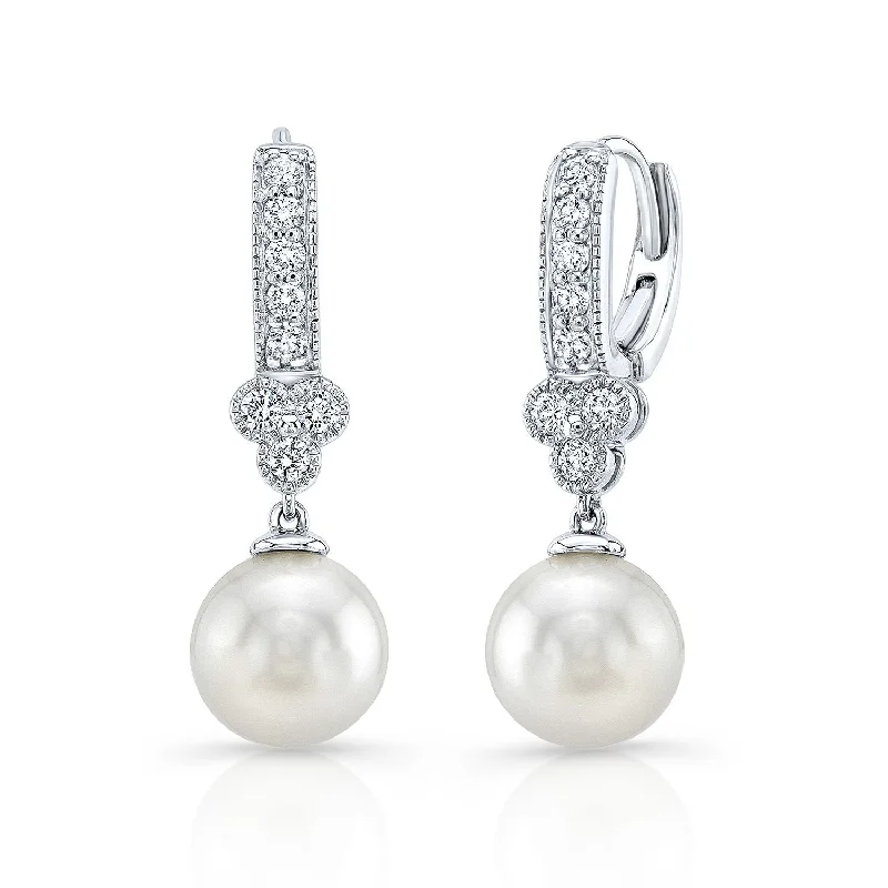 White Pearl And Diamond Dangle Earrings With Clover Top & Miillgrain Detail (8.0-8.5mm) (si)